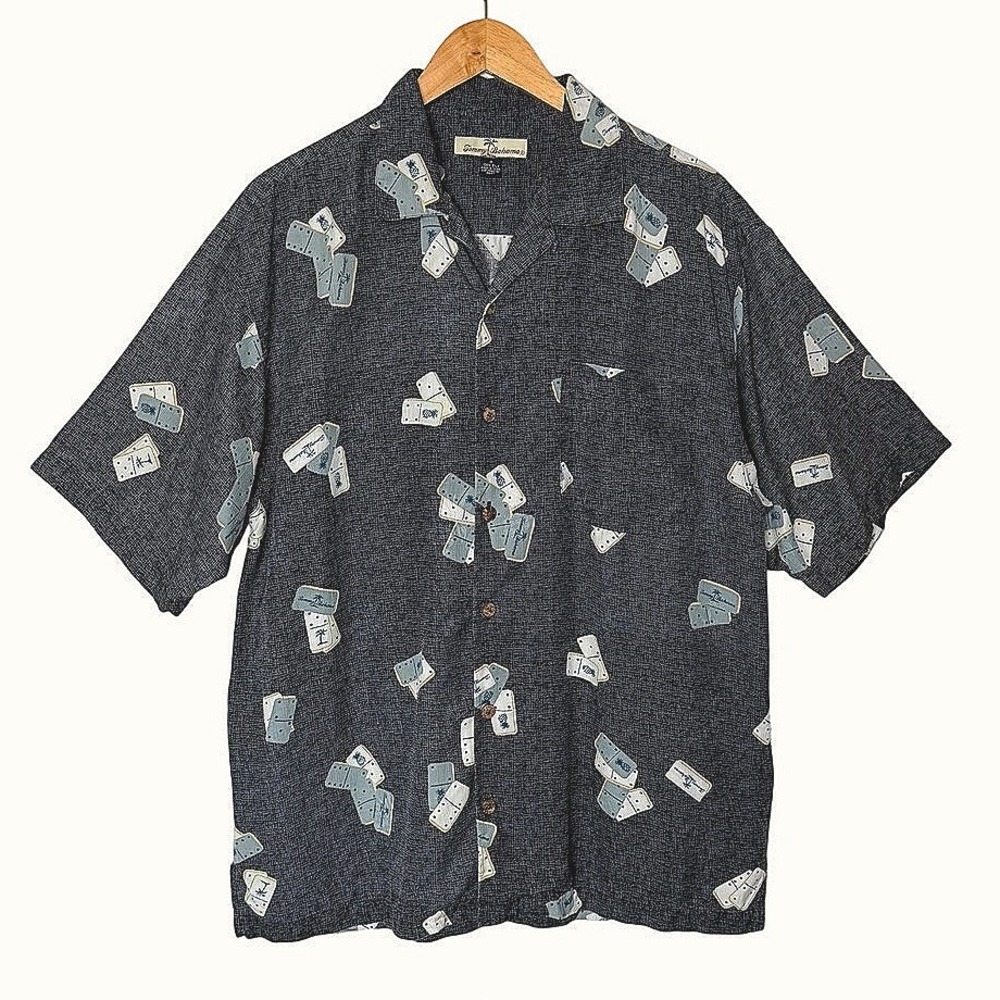 Tommy Bahama Mens‎ Shirt Sil L Domino Print Grey Short Sleeve Camp Button Down
